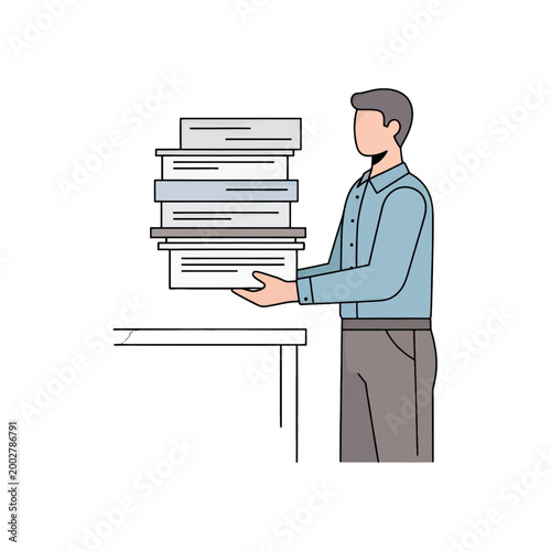 A professional man holding a large stack of documents in an office setting