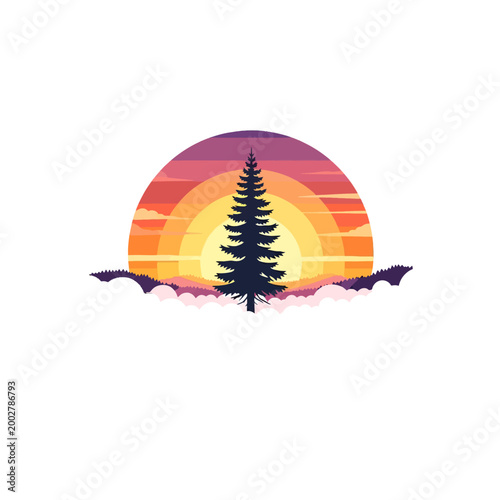 A stylized evergreen tree stands before a vibrant sunset over distant rolling hills