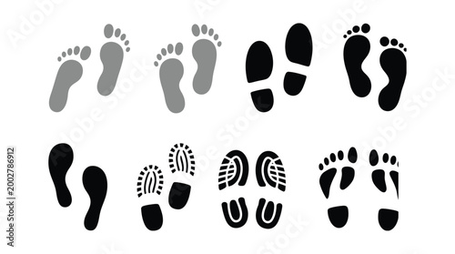 Diverse footprints vector illustration featuring multiple footstep patterns, clean design set for walking, running, barefoot, sandals, and flip flop impressions