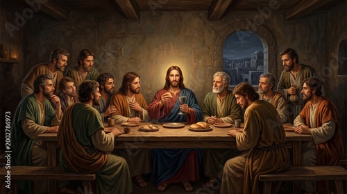 Man Jesus Christ holding chalice with disciples at table. Biblical last supper scene. Oil painting illustration