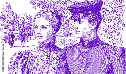 Victorian couple depicted in a detailed historical illustration. The elegant attire and classic style are illustrated in a vector format.