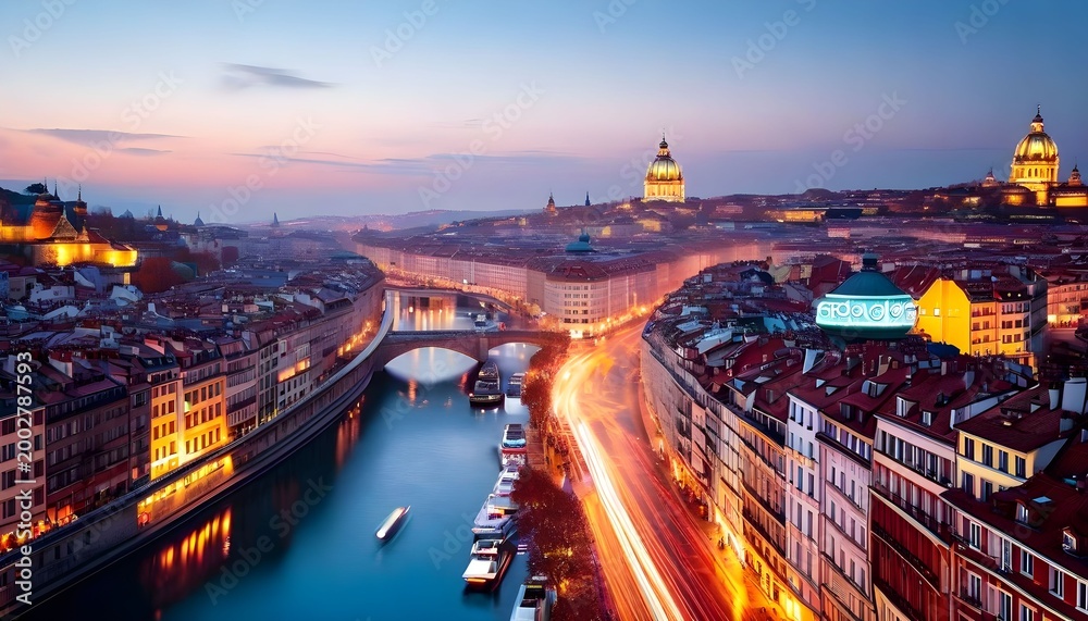 Fototapeta premium Aerial view of a cityscape at dusk with a river, bridge, and buildings illuminated