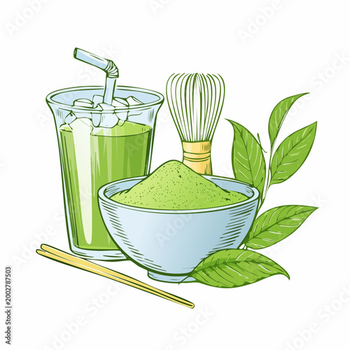 Matcha bowl, whisk, iced glass, hand-drawn sketch vector illustration