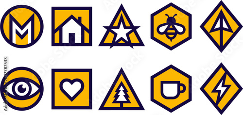 Collection of simple geometric logos and icons with yellow and navy blue color scheme, representing abstract shapes, nature, and home