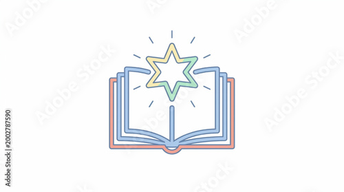 Minimalist outline illustration of an open book with a glowing star above it