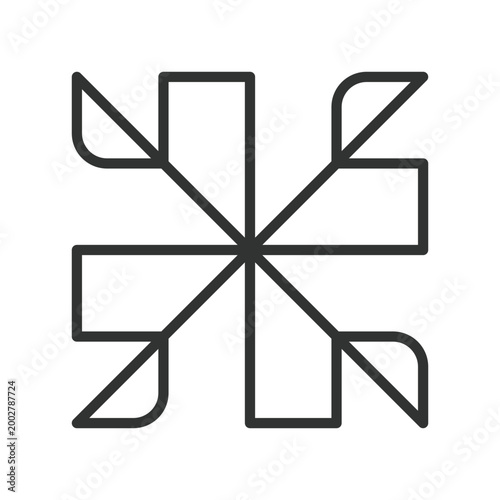 Abstract pinwheel shape, icon in line design. pinwheel, abstract, rotation, geometric, shape, symmetry, minimal on white background vector. Abstract pinwheel shape editable stroke icon