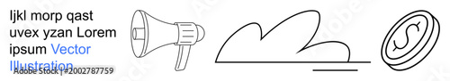 Communication, marketing, business growth, advertising, financial concepts, creativity. Outlined megaphone, cloud and dollar symbol in abstract style. Communication and marketing concept