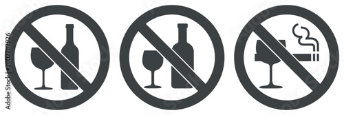 No alcohol and no smoking prohibition sign icon set wine glass and cigarette forbidden symbols safety health warning icons public area restriction vector design