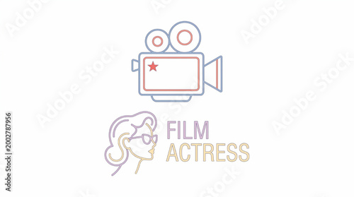 Line art icon of a film actress and a movie camera