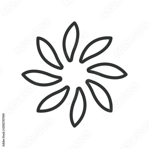 Radial petal flower, icon in line design. flower, petal, radial, abstract, shape, symmetry, minimal on white background vector. Radial petal flower editable stroke icon