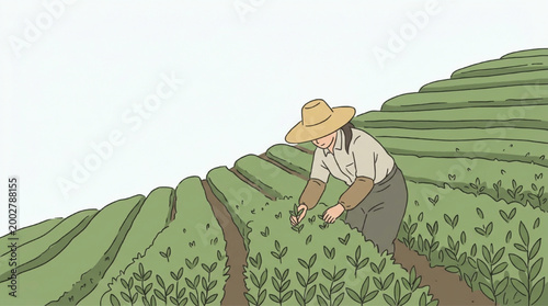 Farmer harvesting tea leaves on a terraced plantation