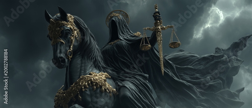 The Apocalyptic Goddess Lady Justice on a Black Horse while Holding a Golden Scale. Faceless Dark Figure in Storm. A dark, Cinematic, Hyper Realistic Vision of Judgment and Power. Generative Ai.