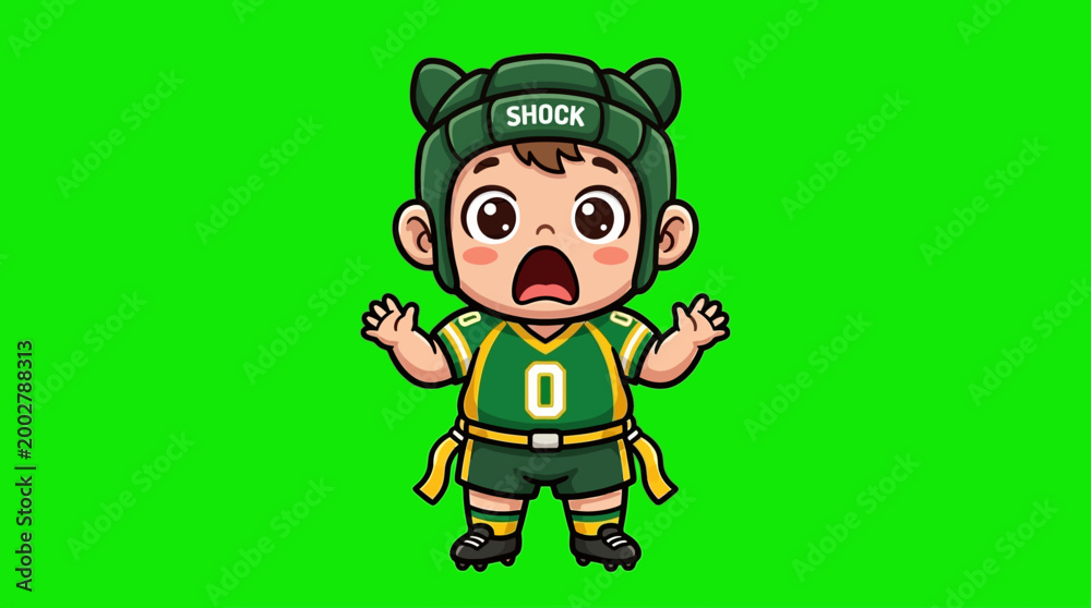 Naklejka premium Cartoon Boy in Football Gear with Shocked Expression.