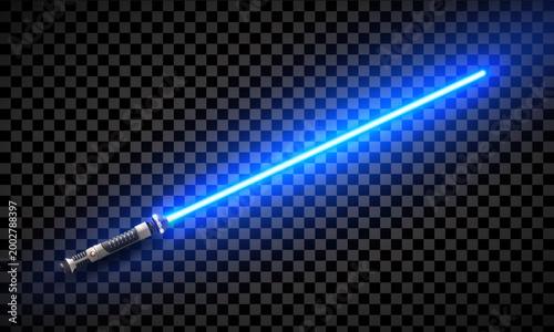 New realistic design blue neon sword isolated on dark transparent background. Vector illustration