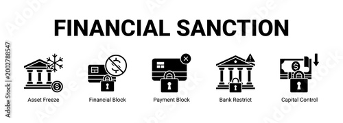 Financial Sanction web banner icon concept, with Asset Freeze, Financial Block, Payment Block, Bank Restrict.