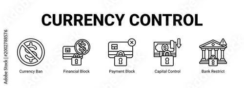 Currency Control web banner icon concept, with Currency Ban, Financial Block, Payment Block, Capital Control.