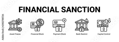 Financial Sanction web banner icon concept, with Asset Freeze, Financial Block, Payment Block, Bank Restrict.
