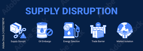 Supply Disruption web banner icon concept, with Supply Disrupt, Oil Embargo, Energy Sanction, Trade Barrier.