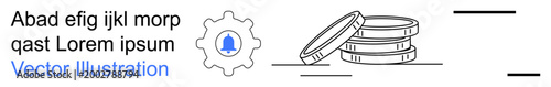 Notifications, financial management, system settings, alerts, income tracking, budgeting tools. Gear with bell icon beside coins. Notifications and financial management concept
