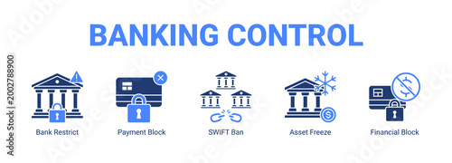 Banking Control web banner icon concept, with Bank Restrict, Payment Block, SWIFT Ban, Asset Freeze.