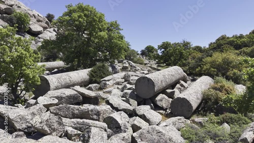 Aerial Drone View of Ancient Granite Quarry with Unfinished Stone Columns in Ezine Canakkale Turkey