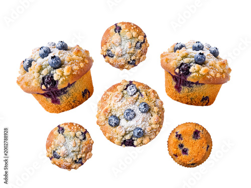 Fotografie Overhead photograph of assorted blueberry muffins, some with streusel topping and powdered sugar on a transparent