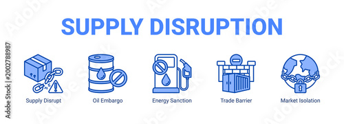 Supply Disruption web banner icon concept, with Supply Disrupt, Oil Embargo, Energy Sanction, Trade Barrier.