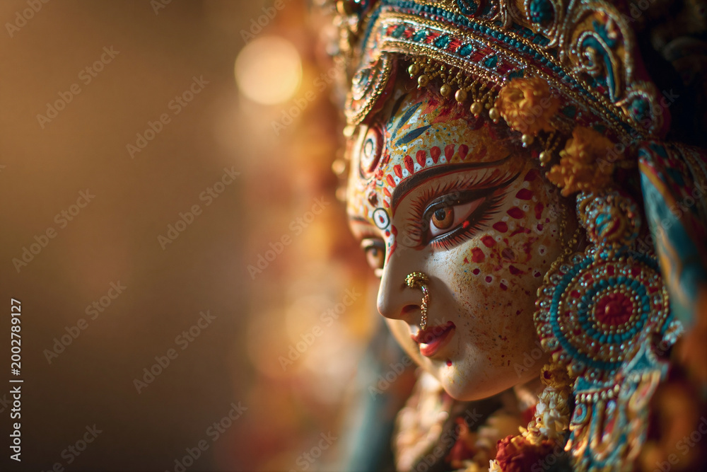 Fototapeta premium Close-up face of the Hindu goddess Durga idol on blurred background. Navratri, Durga Puja celebration concept. Sculpture art for banner with copy space