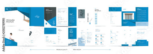 Professional corporate brochure layout design with blue minimalist style and clean pages
