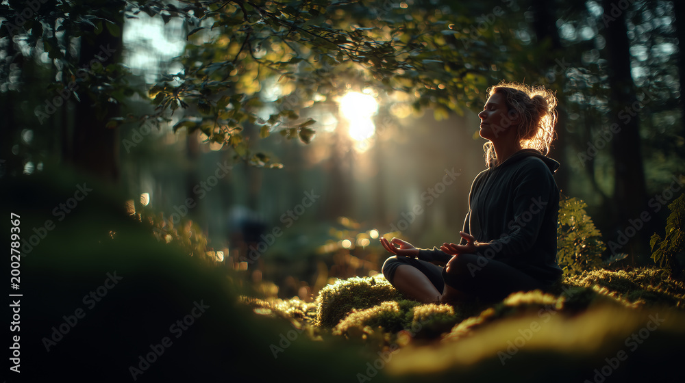 Fototapeta premium Serene woman meditating in sunlit forest, peaceful mindfulness practice in nature with soft golden light and tranquil atmosphere