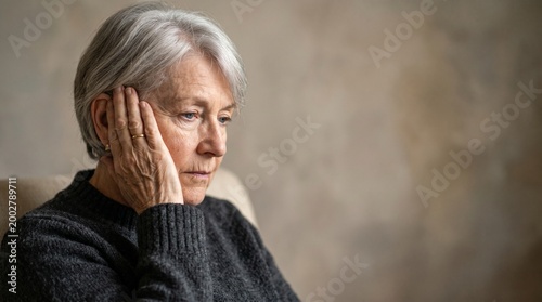 A senior woman with grey hair resting her head on her hand, looking thoughtful and concerned