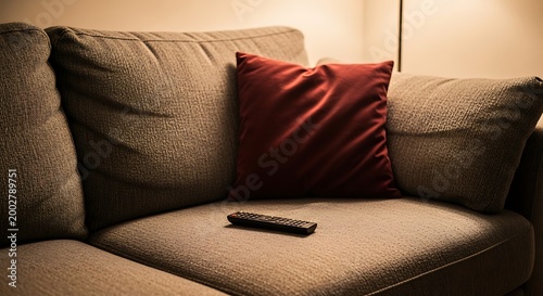 Brown couch with red pillow and remote control on the seat in a living room