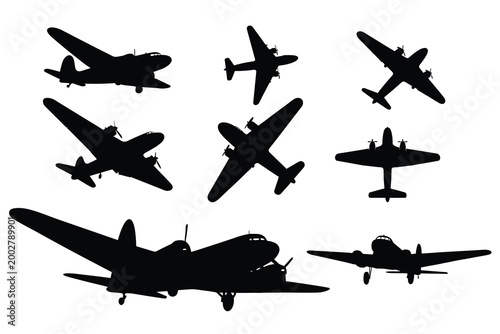 Classic Twin-Engine Propeller Transport Aircraft Silhouettes, Vintage Airliner and Cargo Plane Vector Set
