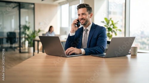 Smiling woman browsing her smartphone while sitting at a wooden desk with a laptop and coffee cup