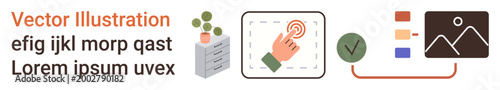 Workflow, data , user interface, business operations, data validation, analytics. Hand tapping square icon, files checkmark chart elements. Workflow and data ation concepts