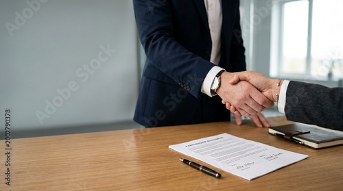 Successful business handshake sealing a deal over a contract on a wooden desk with a notebook and pen, symbolizing partnership and agreement