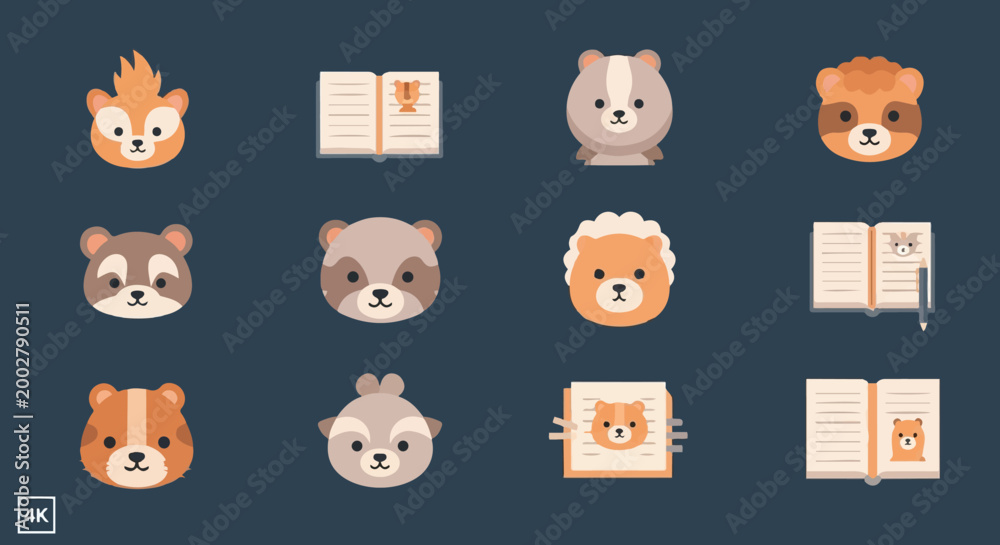 Fototapeta premium Cute cartoon animal faces and books on a dark blue background