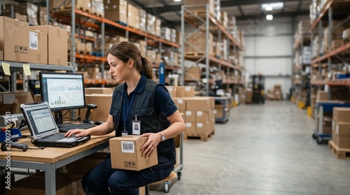 Logistics worker in a warehouse scanning packages and managing inventory on a computer