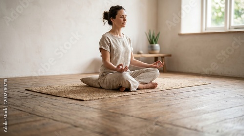A woman meditating in a serene, sunlit room, practicing mindfulness and inner peace