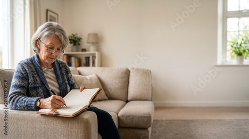 Senior woman sitting on a sofa, wearing glasses, and writing in a notebook