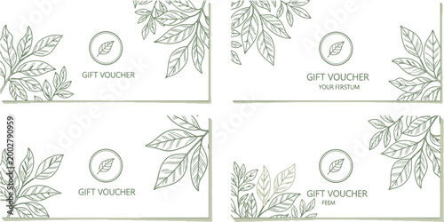 Minimalist Botanical Gift Voucher Template Set - Elegant Floral Line Art Design for Spa Wellness, Organic Boutique, and Eco-Friendly Business Promotional Coupons and Reward Card Vector Layouts