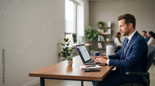 Professional businessman working diligently on his laptop at a modern office desk, demonstrating focus and high productivity in a contemporary corporate environment
