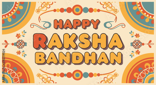Happy Raksha Bandhan Vintage Retro Greeting Banner with Rakhi Thread and Mandala Ornament for Indian Festival Celebration