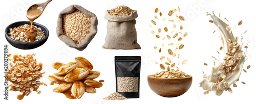 Set of superfast rolled oats flakes grains groats, gunny burlap sack, yogurt milk splash, kraft standup pouch, fly bowl, with peanut butter honey syrup, stack pile, transparent cutout PNG mockup