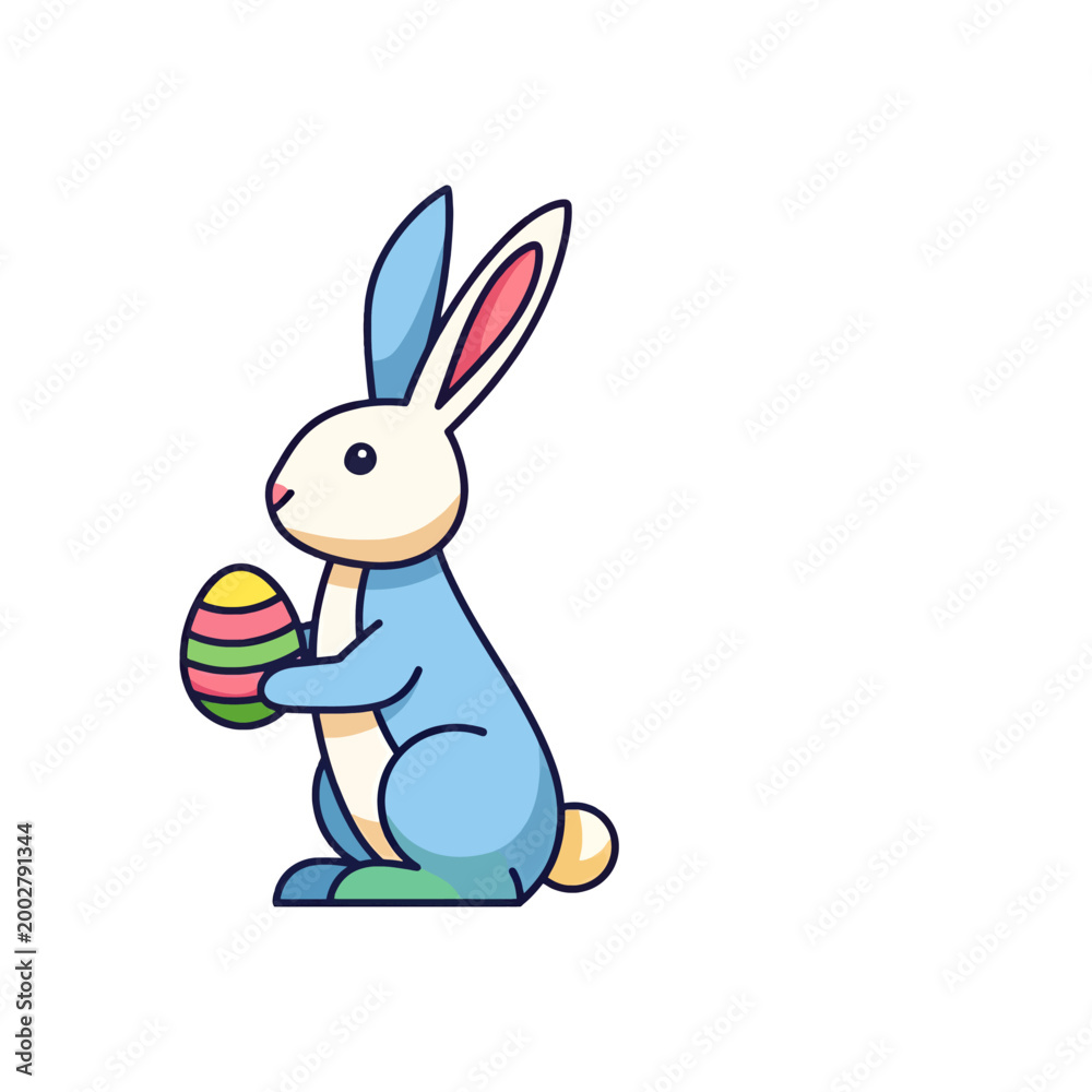 Fototapeta premium A cute blue rabbit holding a colorful decorated egg on a white background