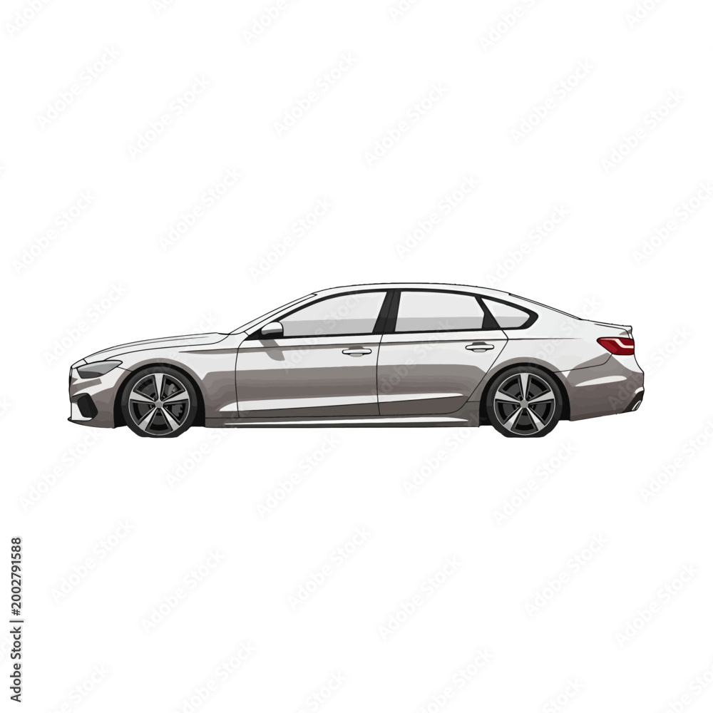Naklejka premium A side view of a modern silver sedan car isolated on a white background