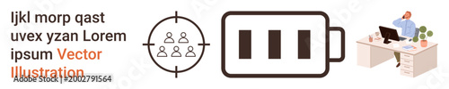 Business growth, workforce energy, productivity tracking, audience targeting, office dynamics, operational management. Battery icon, target symbol office worker. Productivity tracking and audience