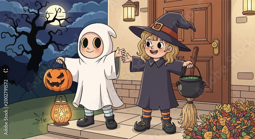 Halloween kids, children in costumes, trick or treat, spooky night, vector illustration