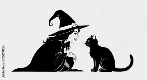 Canvas-taulu Enchanting Encounter: A witch, dressed in her signature hat and cloak, shares an intimate moment with a black cat, creating a captivating scene of mystical companionship