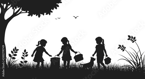 Picnic in Silhouette: Three young figures, framed in silhouette, embark on a picnic adventure with a loyal canine companion under the protective shade of a grand tree.